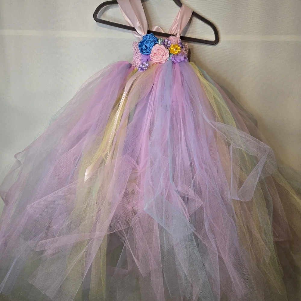 ANGEL TUTU Girls Pastel Floral Tulle Dress With Satin Flower Embellishments
